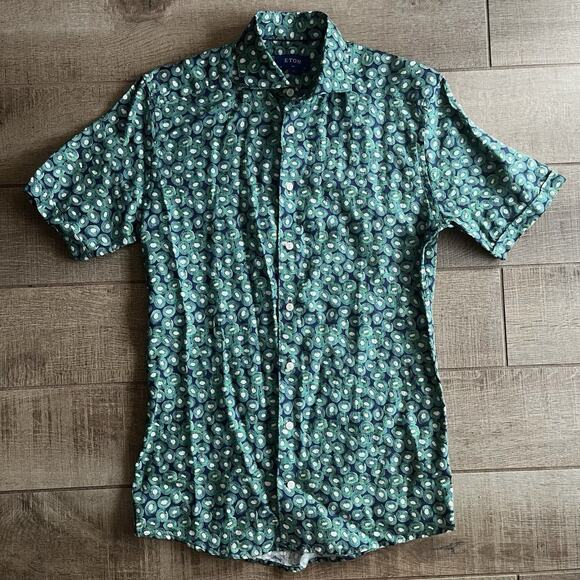 Eton 100% Linen Short Sleeve Button Up Shirt Green Blue Kiwi Print Sz 38 15 - Picture 1 of 11